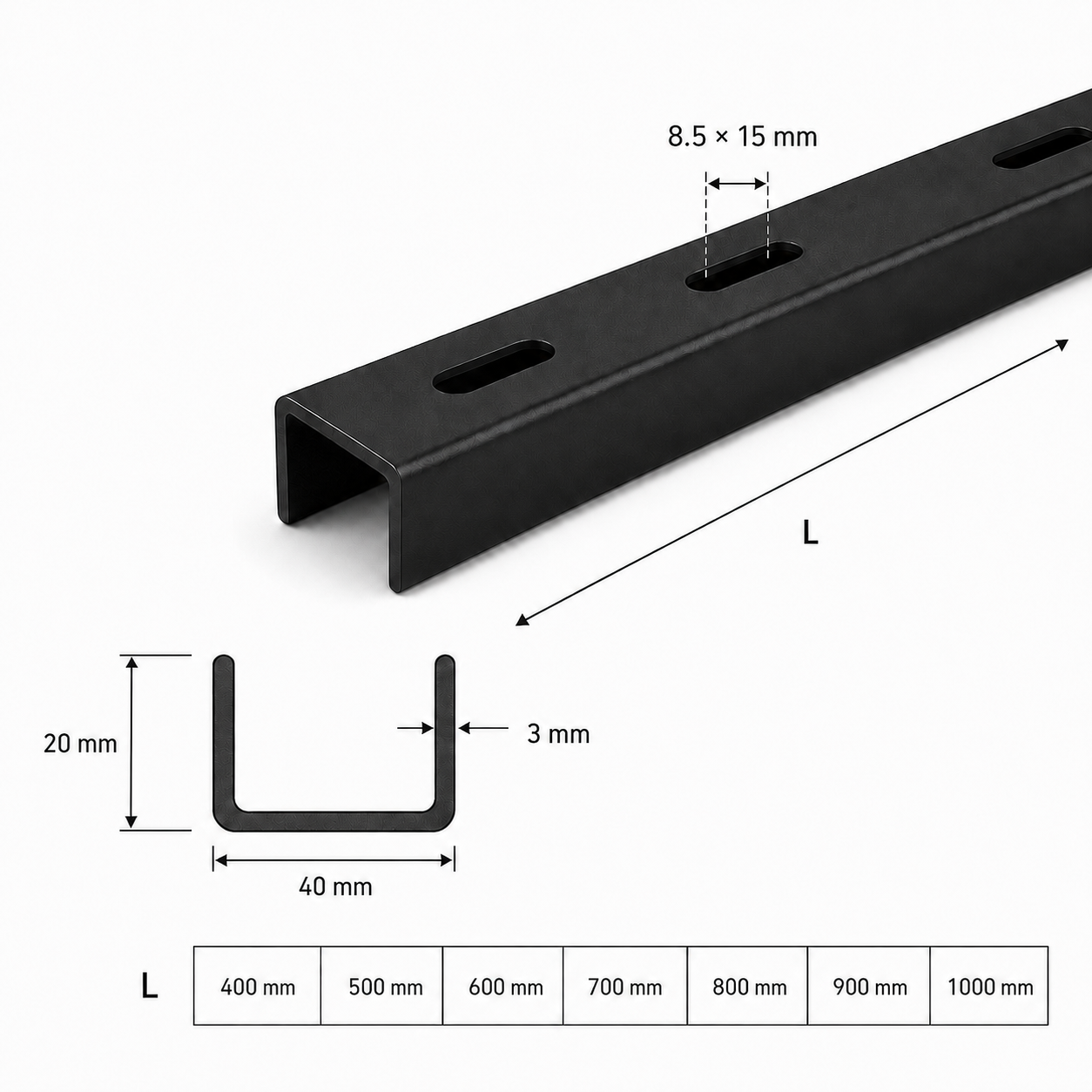 Renfort de plateau de table – profilé U noir (lot de 3)